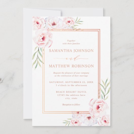 Elegant Pink Floral Waterverf Roos Gold Wedding Kaart (Voorkant)