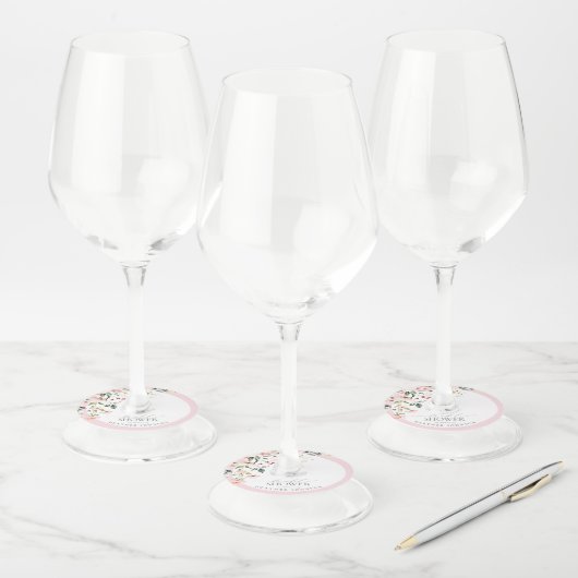 Elegant Pink Floral Waterverf Vrijgezellenfeest Wijnglaslabel (Set)