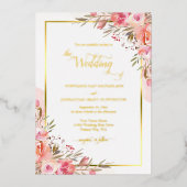 Elegant Pink Floral Waterverf Weddenschap Gold Folie Uitnodiging (Voorkant)