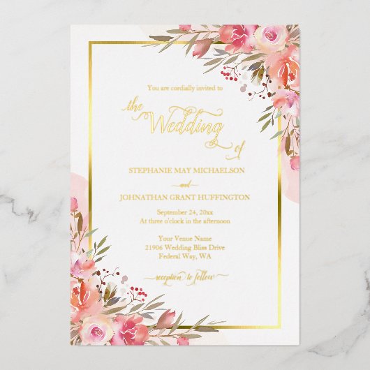 Elegant Pink Floral Waterverf Weddenschap Gold Folie Uitnodiging (Voorkant)