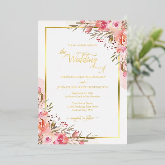 Elegant Pink Floral Waterverf Weddenschap Gold Folie Uitnodiging (Staand Voorkant)