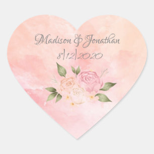 Elegant Pink Floral Waterverf Wedding Hart Sticker
