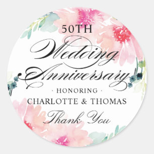 Elegant Pink Floral Waterverf Wedding Jubileum Ronde Sticker