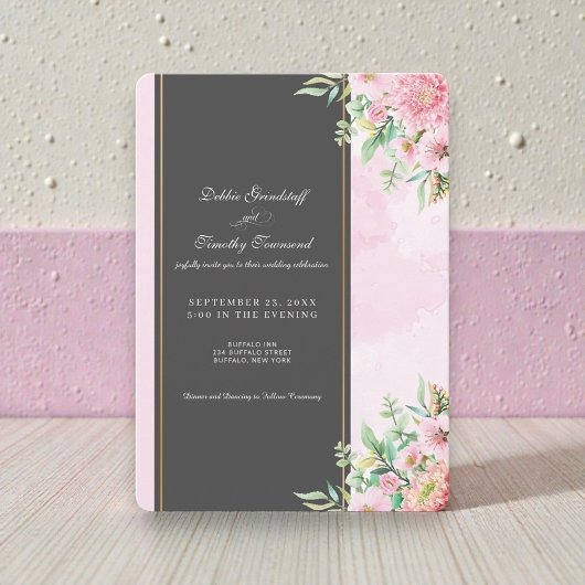 Elegant Pink Floral Wedding Invitation  Kaart