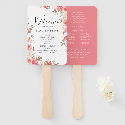 Elegant Pink Floral Wedding Programme Handwaaier (Voorkant en achterkant)