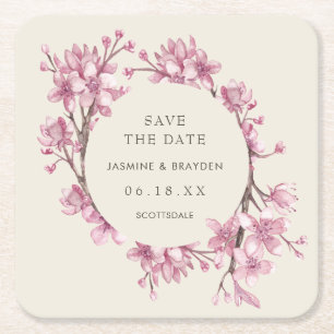 Elegant Pink Floral Wedding Save the Date Vierkante Kartonnen Onderzetter