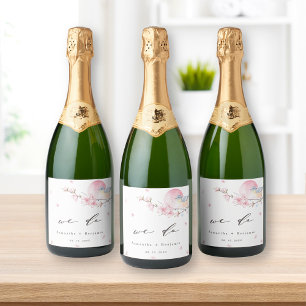 Elegant Pink Floral Wedding Sparkling Wijnetiket