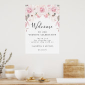 Elegant Pink Floral Welkom bij ons trouwbord Poster (Keuken)