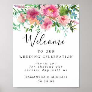 Elegant Pink Floral Welkom bij ons trouwbord Poster