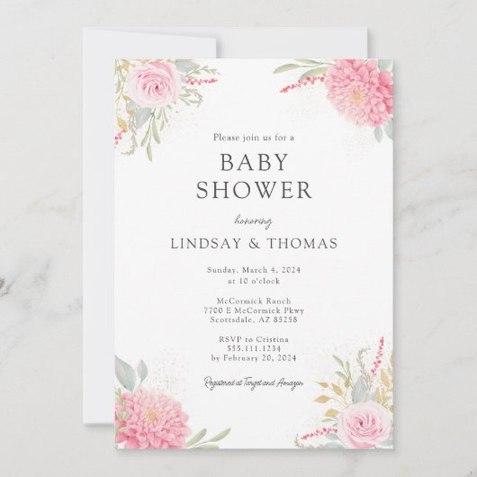 Elegant Pink Florals Baby shower Uitnodiging (Voorkant)