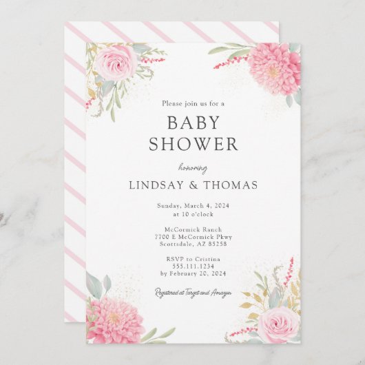 Elegant Pink Florals Baby shower Uitnodiging (Voorkant / Achterkant)