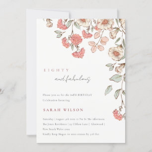 Elegant Pink Flowers Wreath 80th Birthday Invite Bedankkaart