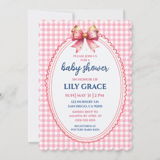 Elegant Pink Gingham & Bow Baby Shower Invitation (Devant)