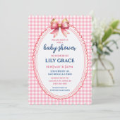 Elegant Pink Gingham & Bow Baby Shower Invitation (Debout devant)