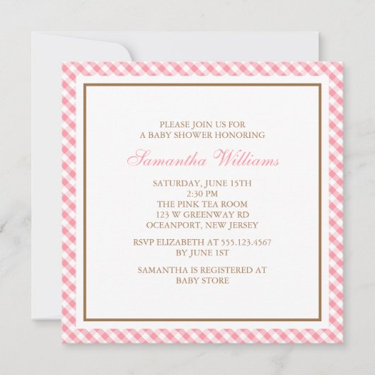 Elegant Pink Gingham Pattern Baby shower Kaart (Voorkant)