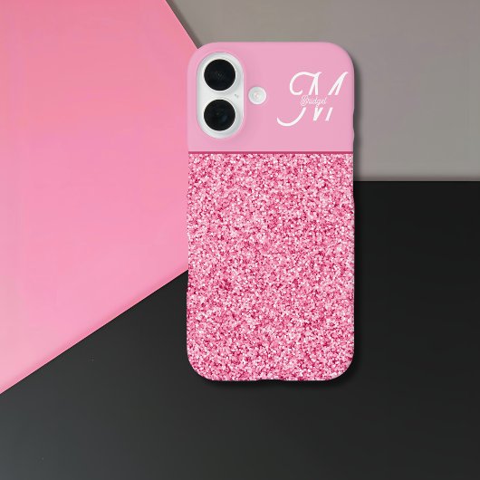 Elegant Pink Glitter Monogram with Name Script Case-Mate iPhone Case
