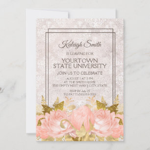 Elegant Pink Gold Floral Ivory Damask Trunk Party Kaart