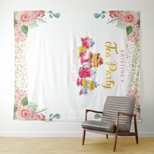 Elegant Pink Gold Floral Tea Party Foto achtergron Wandkleed (In Situ (horizontaal))