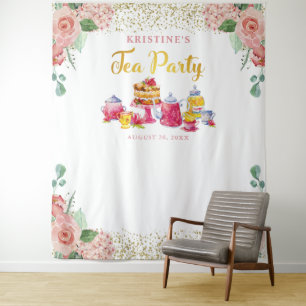 Elegant Pink Gold Floral Tea Party Foto achtergron Wandkleed