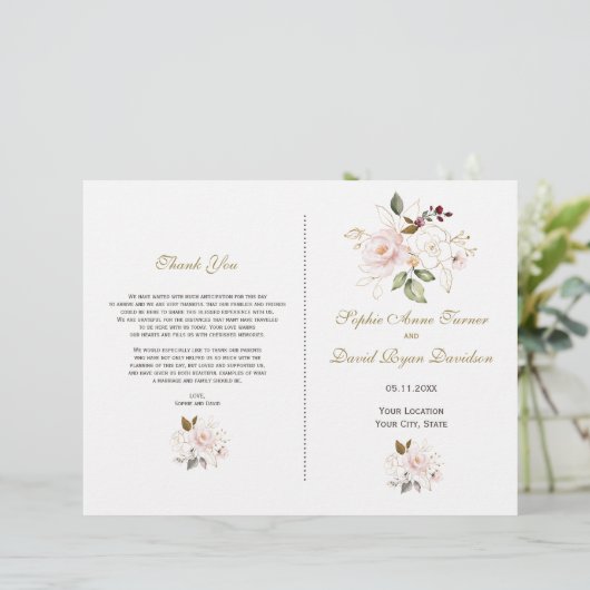 Elegant Pink Gold Flowers Wedding Programme (Staand voorkant)