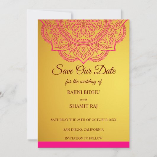 Elegant Pink Gold Paisley Indian Hindu Wedding Sa Save The Date (Voorkant)