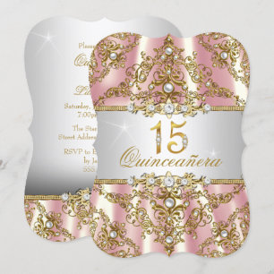 Elegant Pink Gold Pearl Damask Quinceanera Kaart