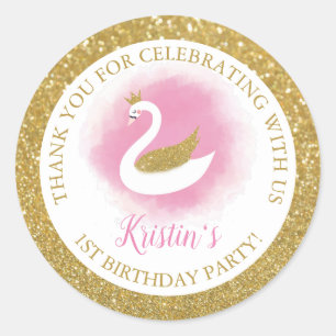 Elegant Pink Gold Swan Princess Girl Birthday Ronde Sticker