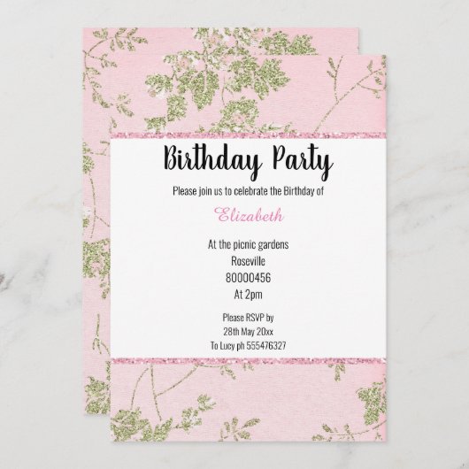 ELEGANT PINK GREEN SPRING THEME BIRTHDAY KAART (Voorkant / Achterkant)