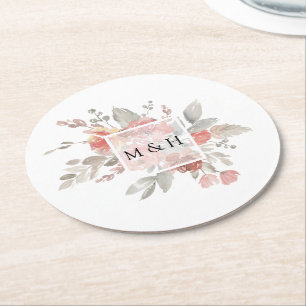 Elegant Pink Grey Floral Waterverf Wedding Ronde Kartonnen Onderzetter