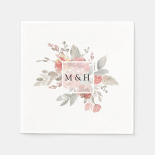 Elegant Pink Grey Floral Waterverf Wedding Servet