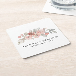 Elegant Pink Grey Floral Waterverf Wedding Vierkante Kartonnen Onderzetter