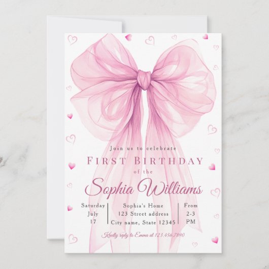 Elegant Pink Heart Bow Baby Shower Invitation (Devant)