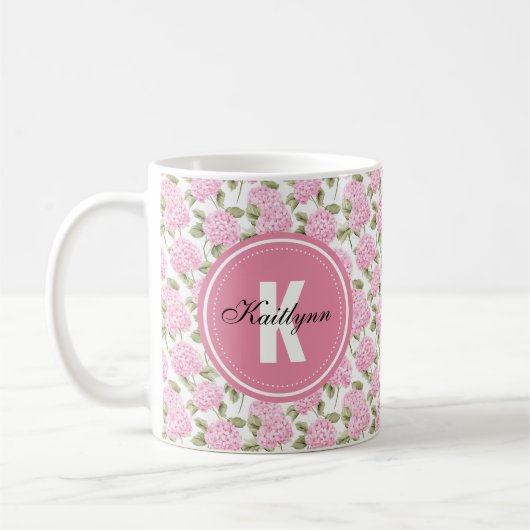 Elegant Pink Hydragea Flowers Pattern Monogram Koffiemok (Links)