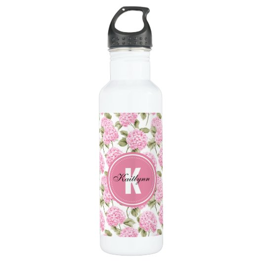 Elegant Pink Hydragea Flowers Pattern Monogram Waterfles (Voorkant)