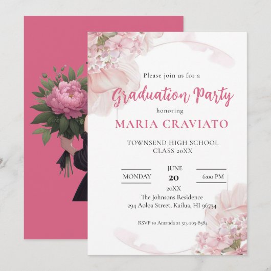 Élégant Pink Hydrangea Graduation Party Invitation (Devant / Derrière)