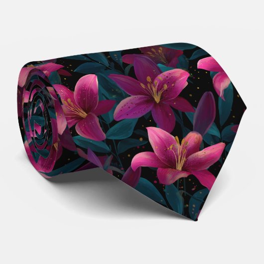 Elegant Pink Lily Floral Pattern on Black Stropdas (Opgerold)