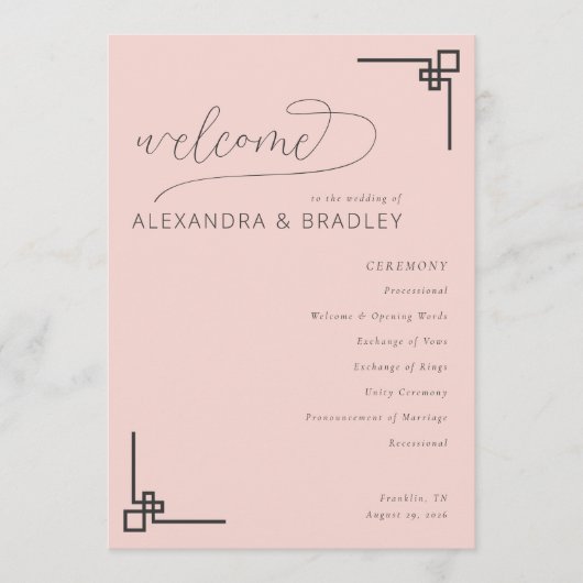 Elegant Pink Minimalist Wedding Schedule Programma (Voorkant)