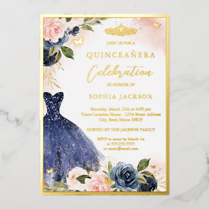 Elegant Pink Navy Floral Tiara Dress Quinceanera Folie Uitnodiging
