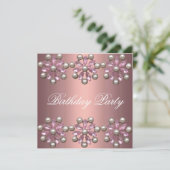 Elegant Pink Pearl & Gem Birthday Uitnodiging (Staand voorkant)