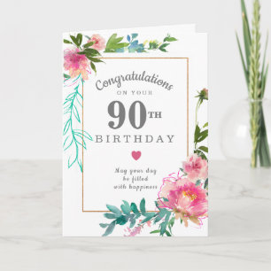 Elegant Pink Peony Floral 90e verjaardag Kaart