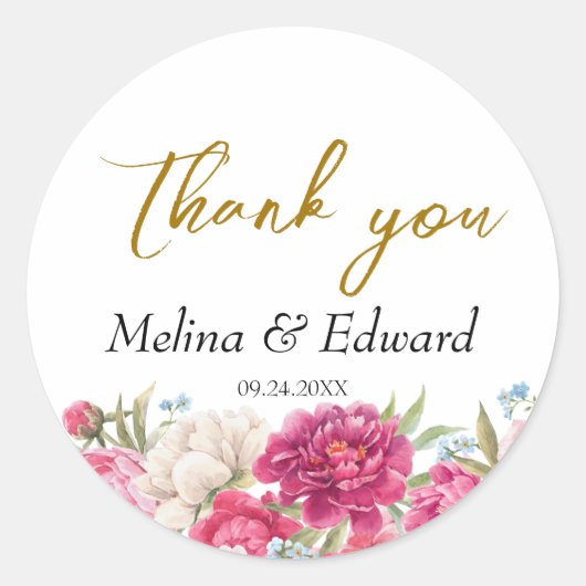 Elegant Pink Peony Florals Wedding Ronde Sticker (Voorkant)