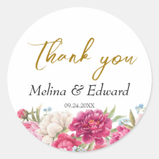 Elegant Pink Peony Florals Wedding Ronde Sticker