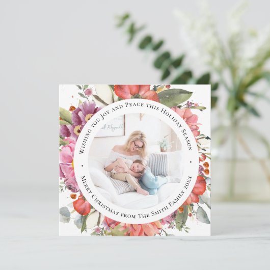 Elegant Pink Peony Modern Script Waterverf Floral Feestdagenkaart (Staand voorkant)