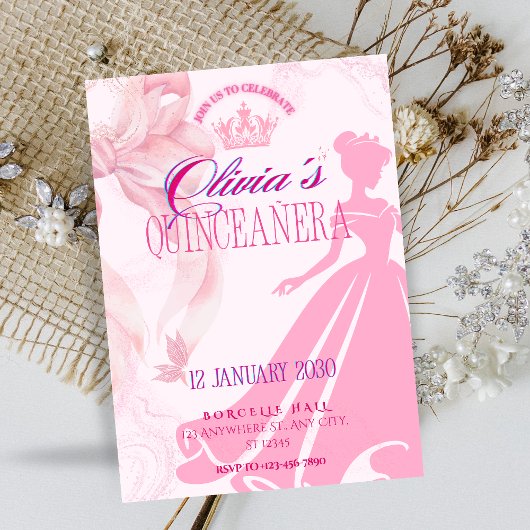Elegant Pink Princess Quinceañera Invitation