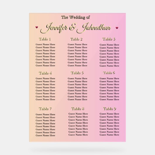 Elegant Pink Red Hearts Wedding Seating Chart (Recto)