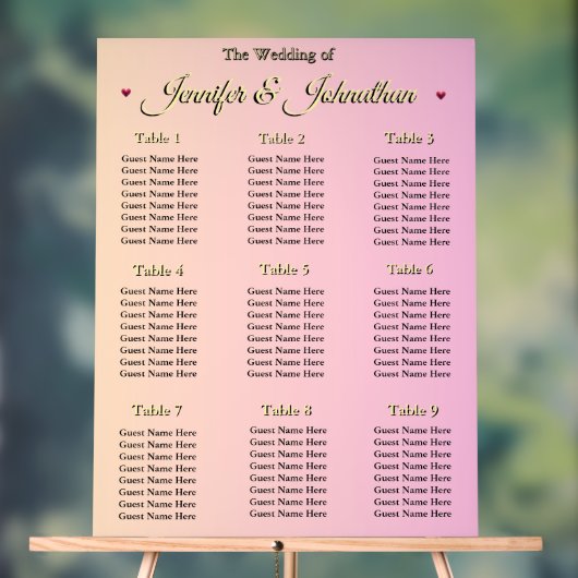 Elegant Pink Red Hearts Wedding Seating Chart (Neutre)