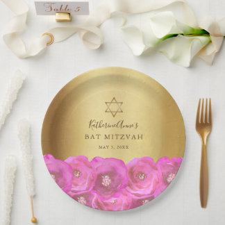 Elegant Pink Rose Floral Gold Bat Mitzvah Papieren Bordje