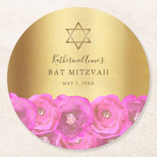 Elegant  Pink Rose Floral Gold Bat Mitzvah Ronde Kartonnen Onderzetter