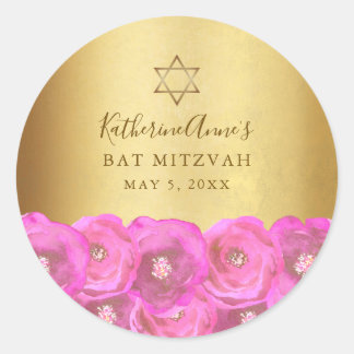 Elegant Pink Rose Floral Gold Bat Mitzvah Ronde Sticker