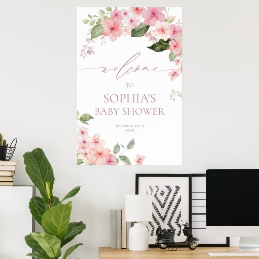 Elegant Pink Sakura Flowers Baby shower Welkom Poster (Thuiskantoor)